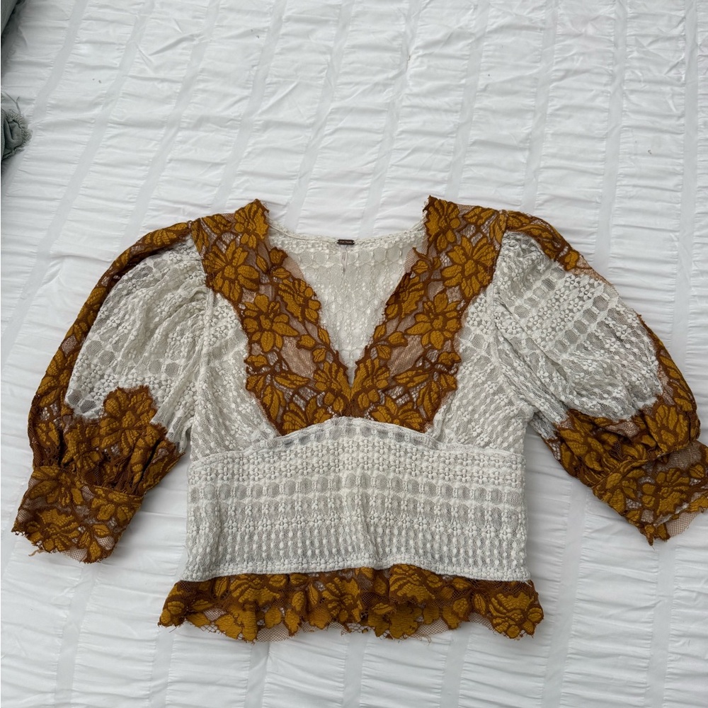 Free People Cream and Brown Lace Blouse